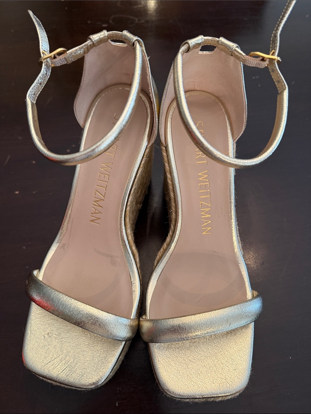 Stuart Weitzman Metallic Gold Ankle-Strap Wedge Sandals